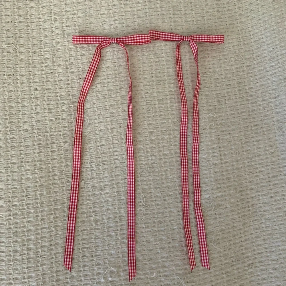 Free People Red Gingham Picnic Checkered Ribbon Hair Bow Clips Set of 2 Like New